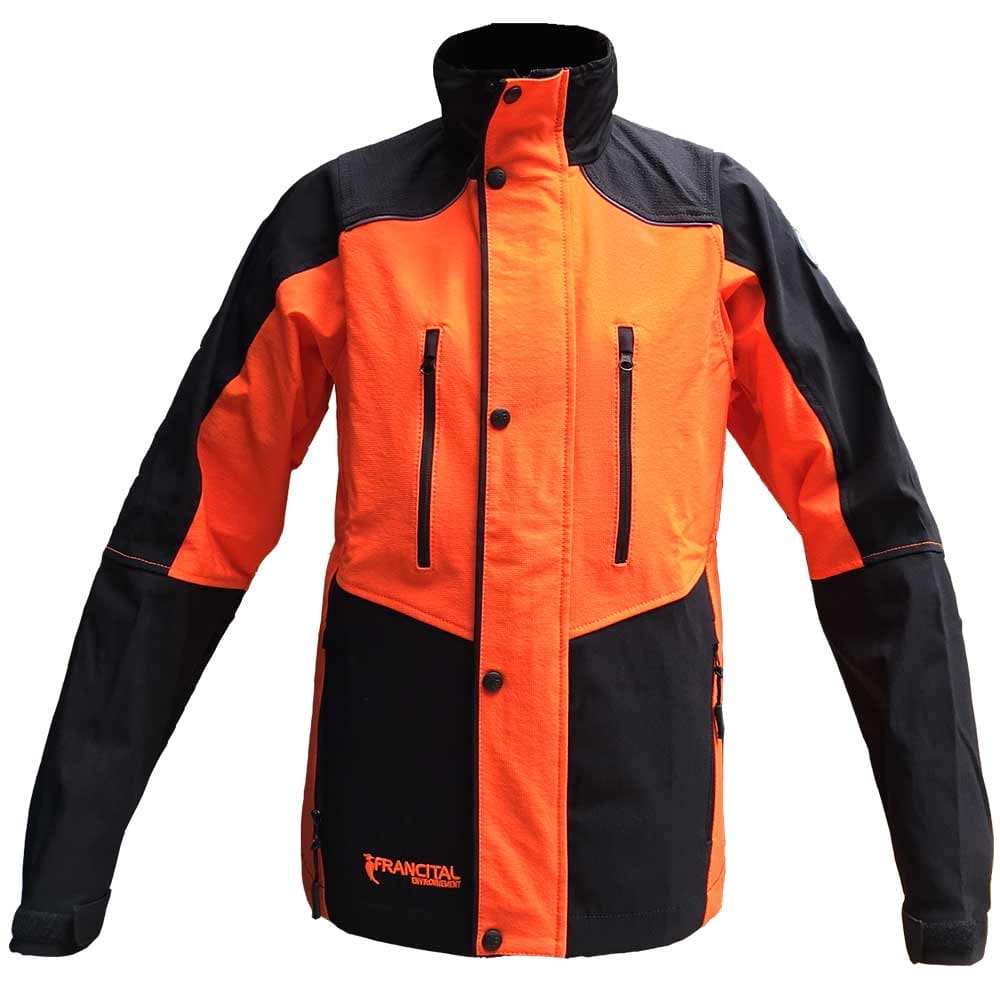 Herma Jacke von Francital in orange und schwarz, Frontansicht mit Reißverschlusstaschen und Knopfleiste