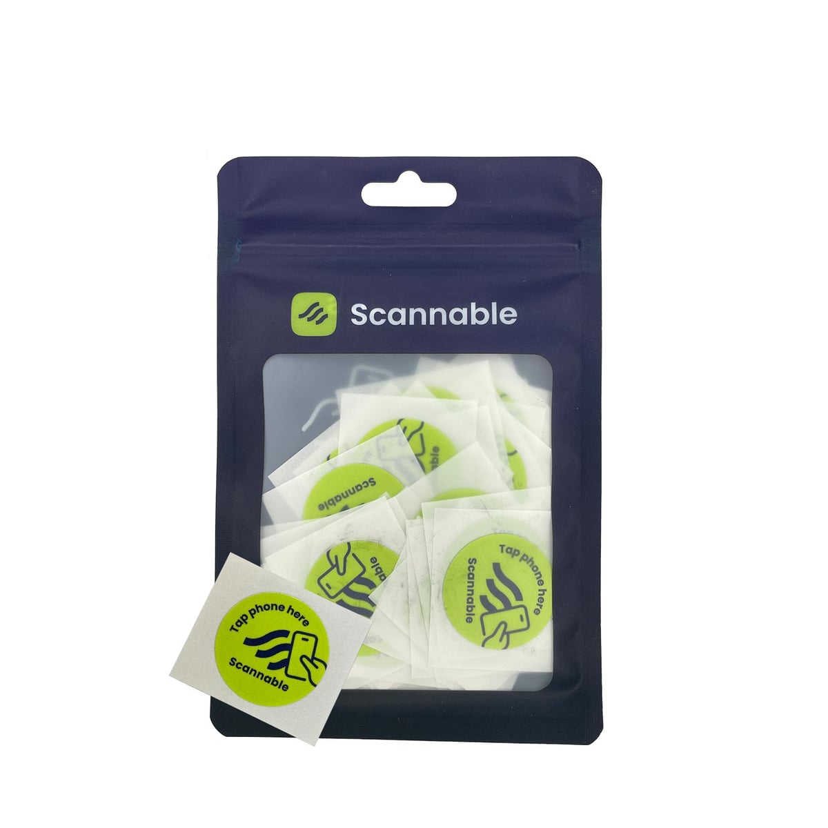 Verpackung mit mehreren runden, gelben Helm Sticker NFC Tag Aufklebern mit schwarzer Aufschrift „Tap phone here Scannable“ und einem Smartphone-Symbol