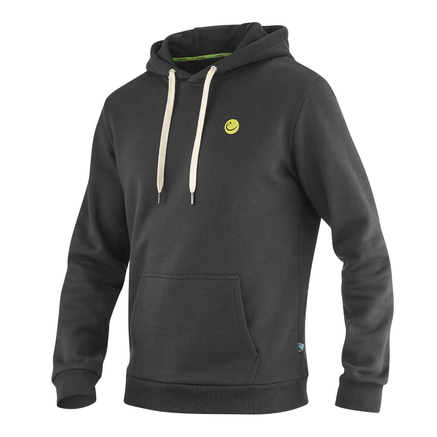 Grounder Hoodie in dunkelgrau mit Kapuze, weißen Kordeln und kleinem gelbem Logo vorne links auf der Brust