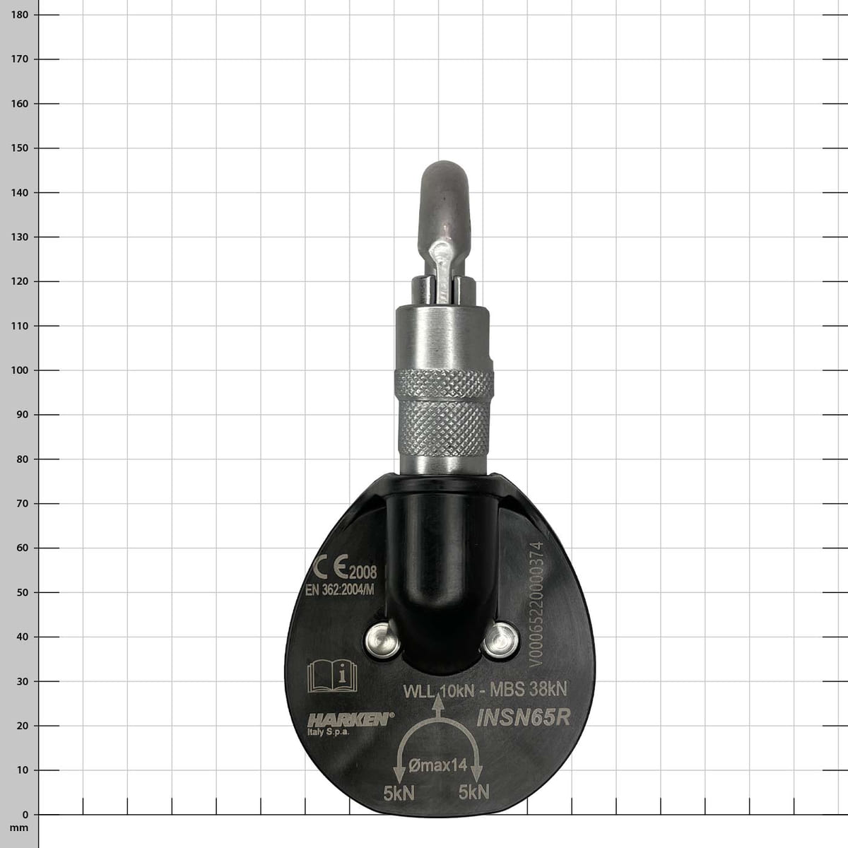 Snatchet 65 Ratchet von Harken mit schwarzem Kunststoffgehäuse und technischen Angaben, Ansicht von unten