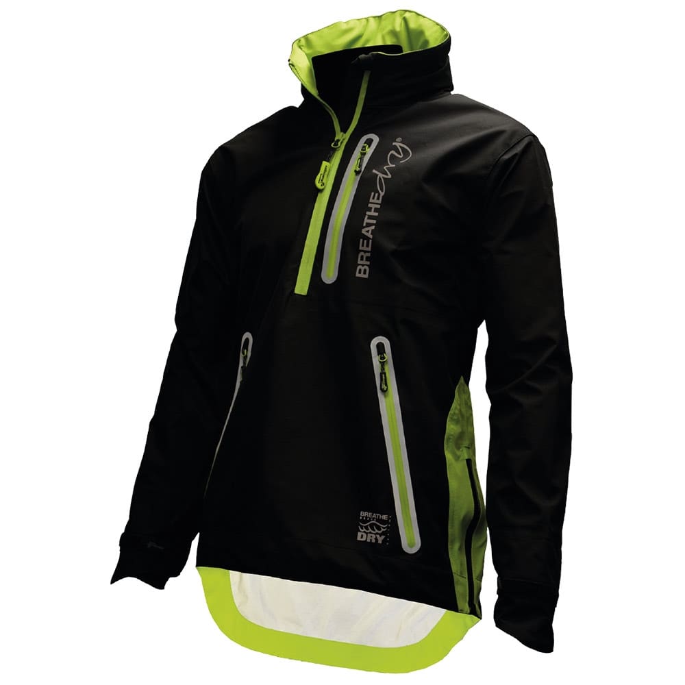 BreatheDry Smock schwarze Jacke mit grünen Details, Reißverschlusstaschen und hohem Kragen