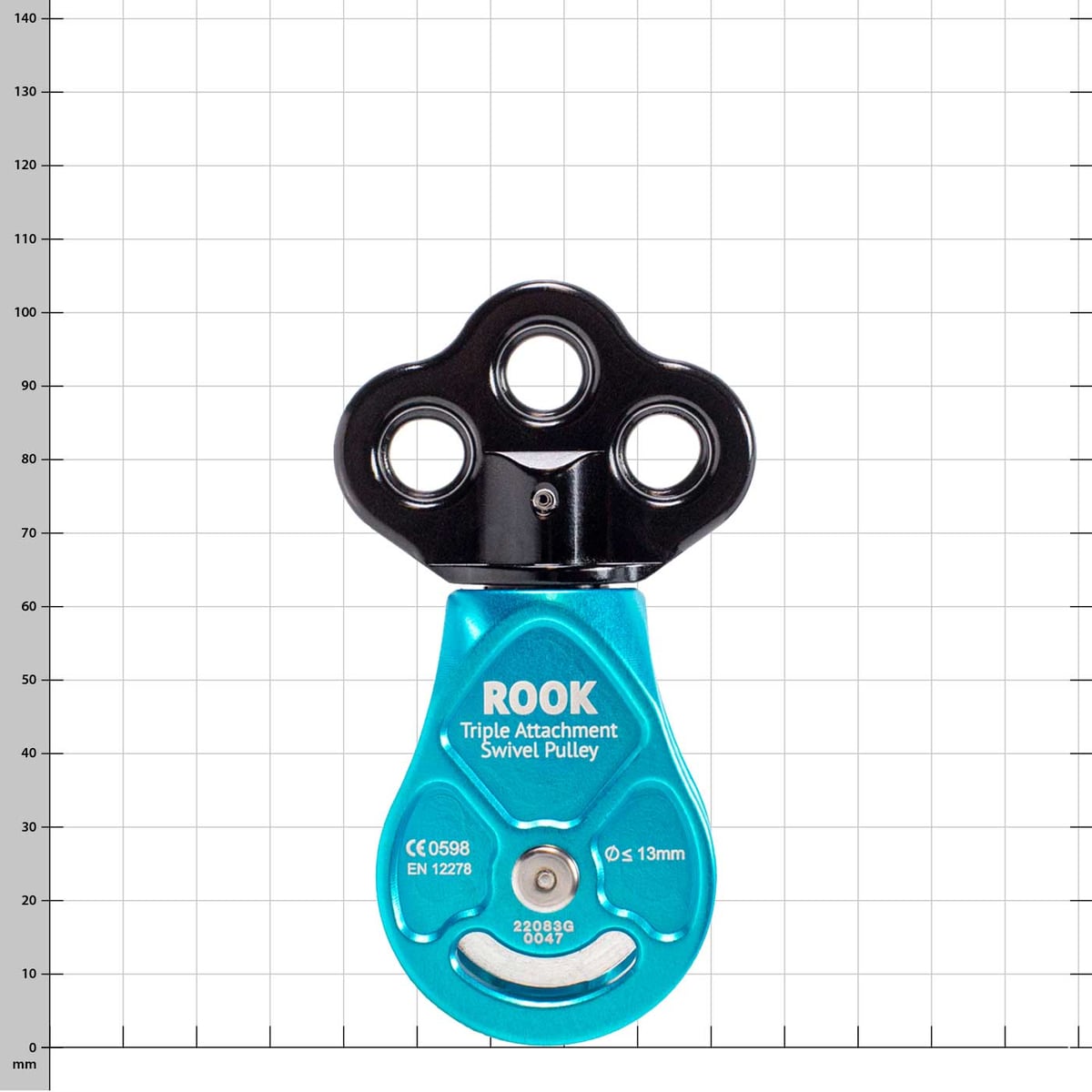 Rook Triple Attachment Swivel Pulley blaue Seilrolle mit schwarzem oberen Teil und drei Befestigungslöchern, Aufschrift ROOK und technischen Angaben auf der Vorderseite