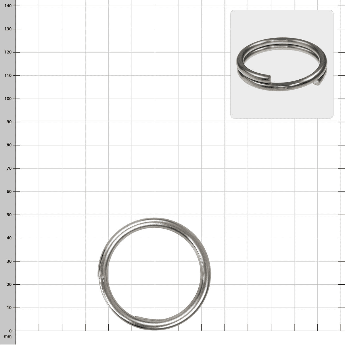 Federring 40 mm, silberner Metallring mit einer spiralförmigen Öffnung, auf weißem kariertem Hintergrund