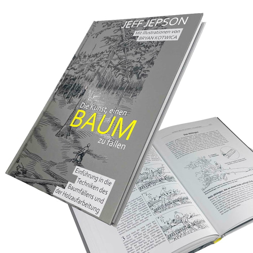 Buch "Die Kunst, einen Baum zu fällen" von Jeff Jepson mit Illustrationen von Bryan Kotwica, geöffnetes Buch mit sichtbarem Text und Illustrationen