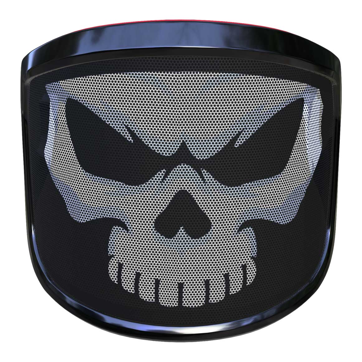 PROTOS® Visier Special Edition mit schwarzem Rahmen und weißem Totenkopf-Motiv auf schwarzem Netzgewebe von vorne