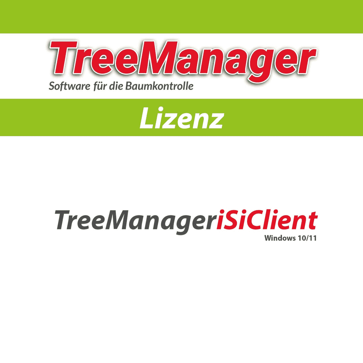 TreeManager iSiClient Lizenz mit rotem und schwarzem Text auf weißem Hintergrund, grünem Balken in der Mitte und Hinweis auf Windows 10/11