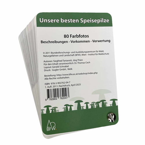 Unsere besten Speisepilze, Rückseite mit Textinformationen, ISBN, Barcode und BFW-Logo auf weiß-grünem Hintergrund