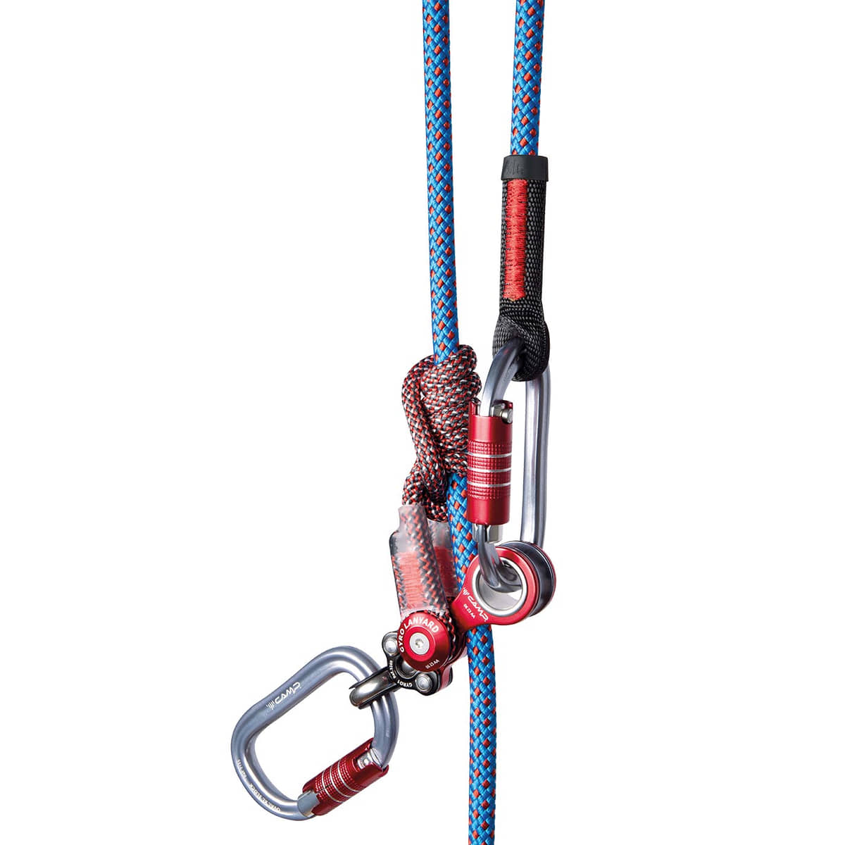 Gyro Lanyard Single, Nahaufnahme der roten Metallteile mit Karabiner, blau-rotes Seil und Knoten, andere Perspektive