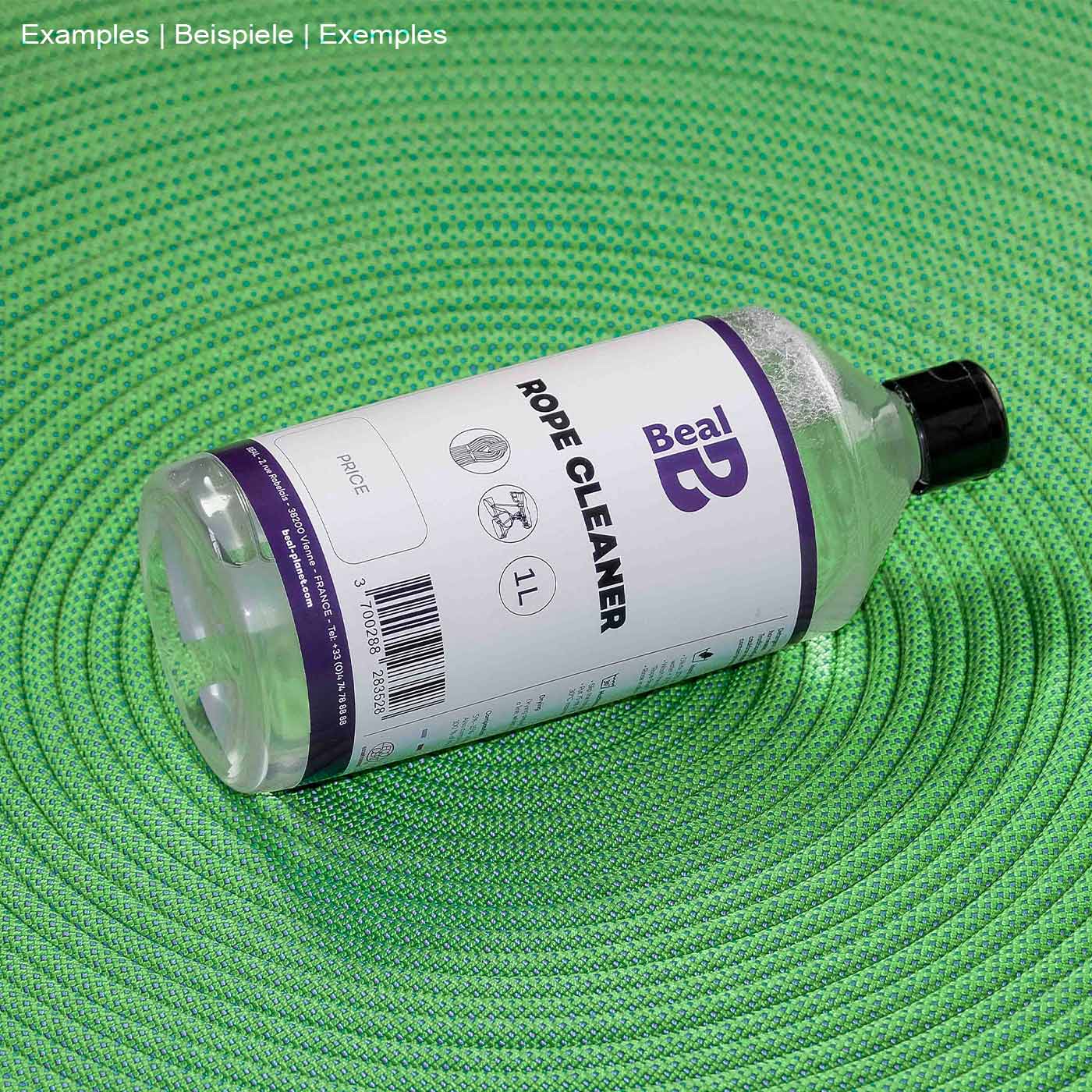 Beal Rope Cleaner Flasche liegend auf grünem Seil