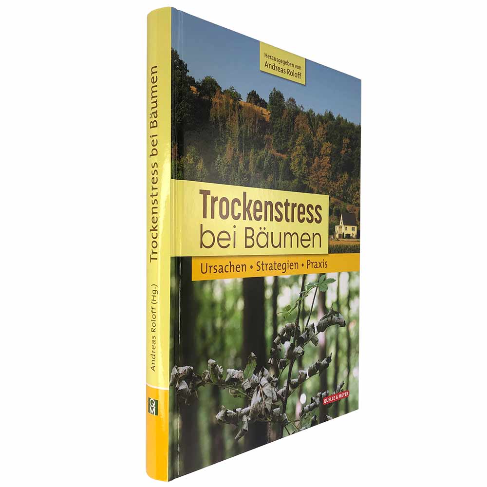 Buch "Trockenstress bei Bäumen" herausgegeben von Andreas Roloff, seitliche Ansicht mit gelbem Buchrücken und gleichem Titelbild