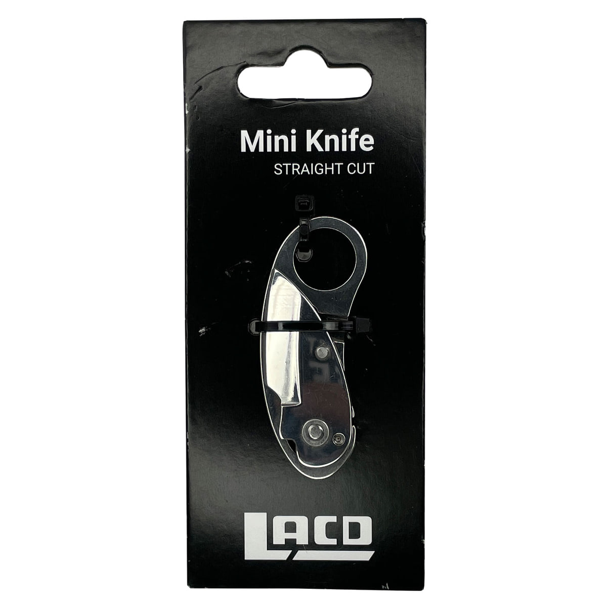 Mini Knife Straight Cut Messer von Laco in schwarzer Verpackung mit weißer Aufschrift und Sichtfenster, das Messer ist im geschlossenen Zustand sichtbar