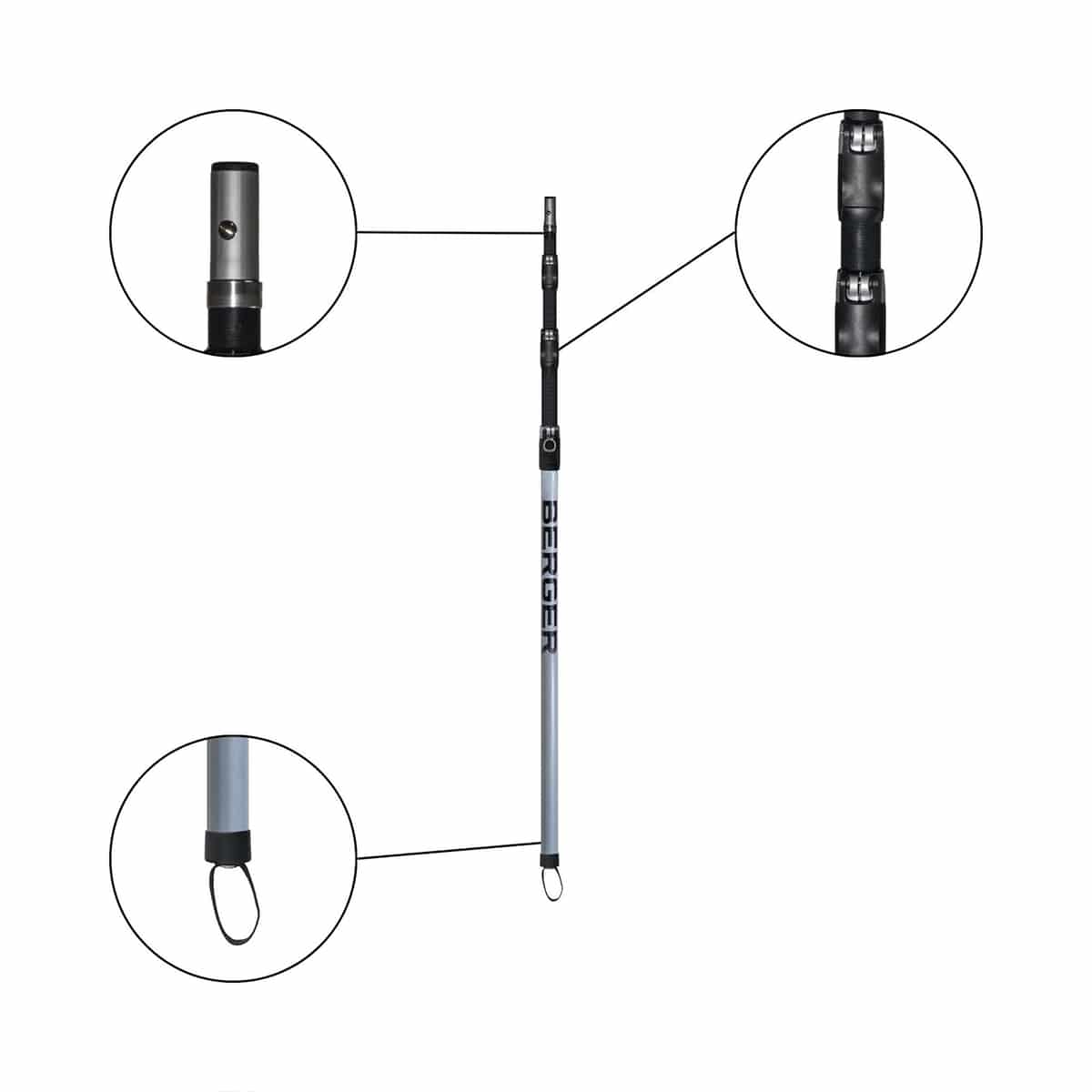 ArboRapid Ultra Light Climber 270 mit drei vergrößerten Detailansichten der Metallspitze, der Schnallen und der Schlaufe am unteren Ende des silbernen Kletterstocks, Herstellername Berger sichtbar
