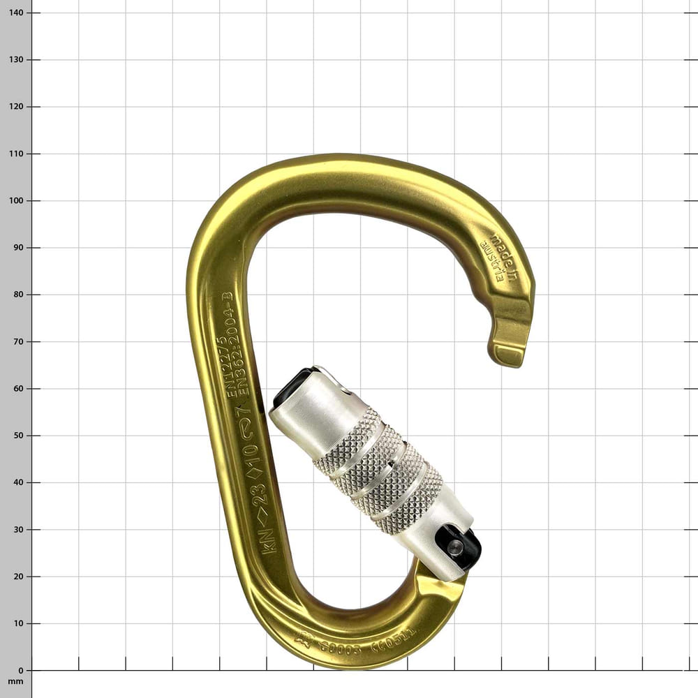 Karabiner Rondo 4 in gold mit offenem silbernem Schraubverschluss, Herstellername "Rondo" und "made in Austria" sichtbar