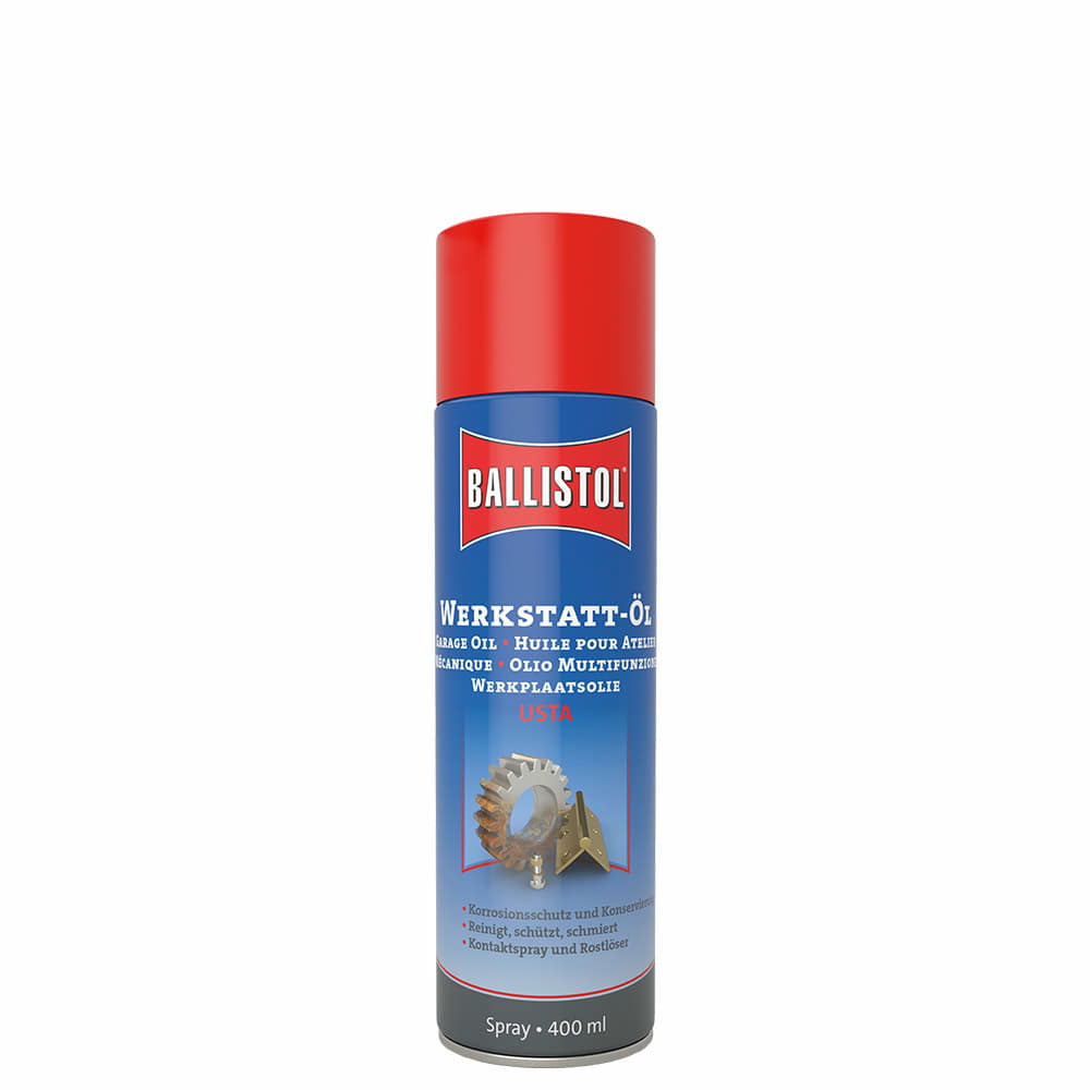 Ballistol Werkstattöl 0.4 Spraydose mit rotem Deckel, blauer Etikett mit weißer und roter Schrift, Abbildung von Zahnrad und Scharnier, 400 ml Inhalt