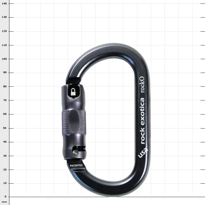 Rock O Karabiner von Rock Exotica in Schwarz mit Schraubverschluss und Aufdruck "usa rock exotica rockO" auf dem Metallkörper