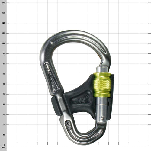 Belay Master Karabiner mit gelbem Verschluss und schwarzem Kunststoffteil, von anderer Seite betrachtet