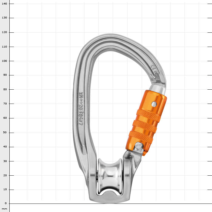 Rollclip Z Triact-Lock Karabiner aus Metall mit orangenem Verschlussmechanismus und integriertem Rollenrad
