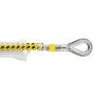 Microflip Rope, Nahaufnahme des gelb-schwarzen Seils mit PETZL-Etikett und Metallöse am Ende