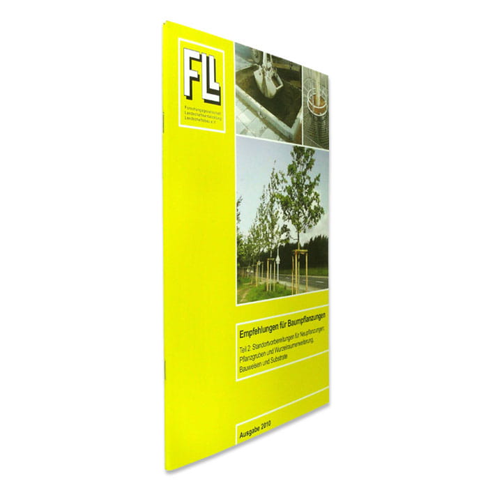 Empfehlungen Baumpflanzungen Teil 2, gelbes Buch mit Bildern von Baumpflanzungen und dem Logo FLL auf dem Cover, seitliche Ansicht