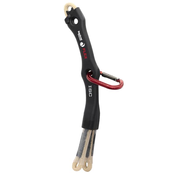 Squirrel Flex Tether von ISIC, schwarzes flexibles Verbindungsteil mit beige-farbenen Schlaufen an beiden Enden, rotem Karabinerhaken eingehängt und zwei runden Löchern
