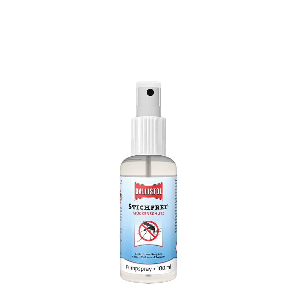 Ballistol Stichfrei Mückenschutz Pumpspray 100 ml mit weißem Sprühkopf und blauem Etikett mit rotem Ballistol-Logo und Bild einer durchgestrichenen Mücke