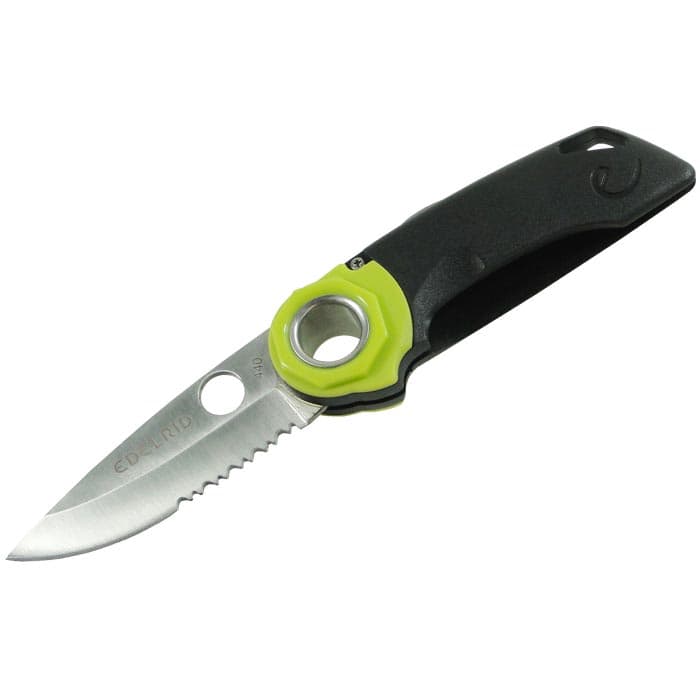 Ropetooth Klappmesser von Edelrid mit schwarzem Griff, grünem Akzent und silberner Klinge, geöffnet, von oben fotografiert