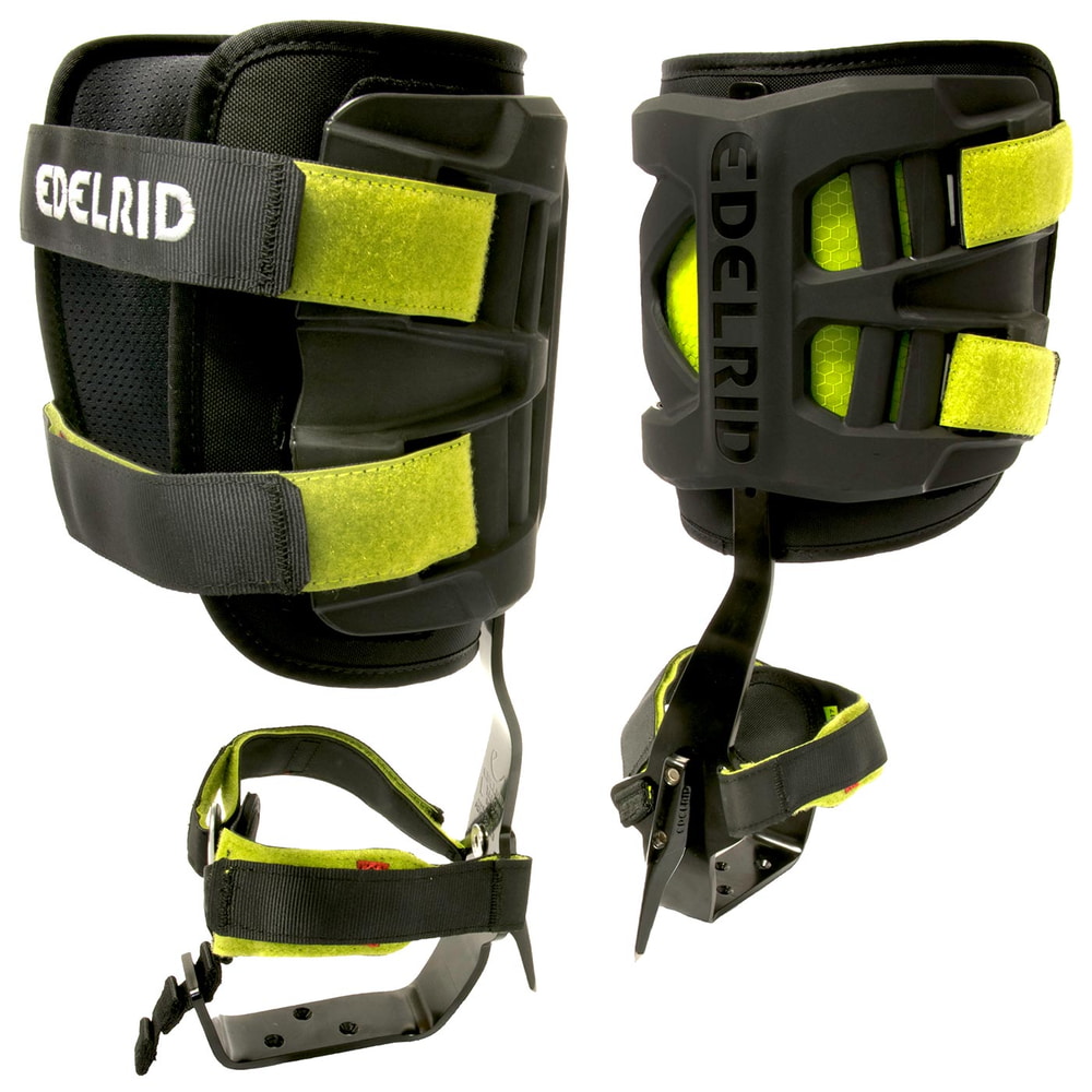 Edelrid Talon L Klettersteigset in Schwarz und Gelb mit Metallspitze und Klettverschlüssen, zwei Ansichten nebeneinander