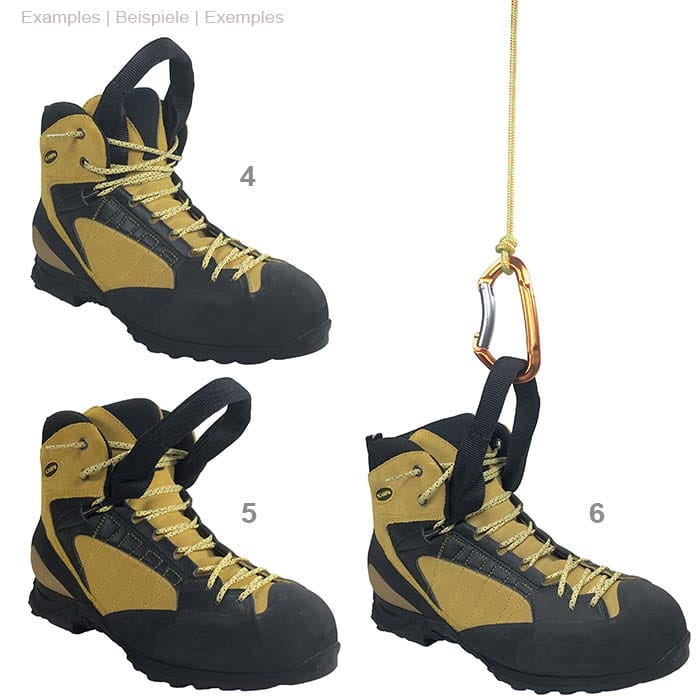 Schwarz gefärbte Schuhschlaufe aus robustem Stoffmaterial, Produktname Schuhschlaufe, dargestellt in vier Bildern mit Nummerierung 4 bis 6, in jedem Bild ist ein gelb-schwarzer Bergsteigerschuh mit unterschiedlichen Positionen der Schlaufe zu sehen, in ei