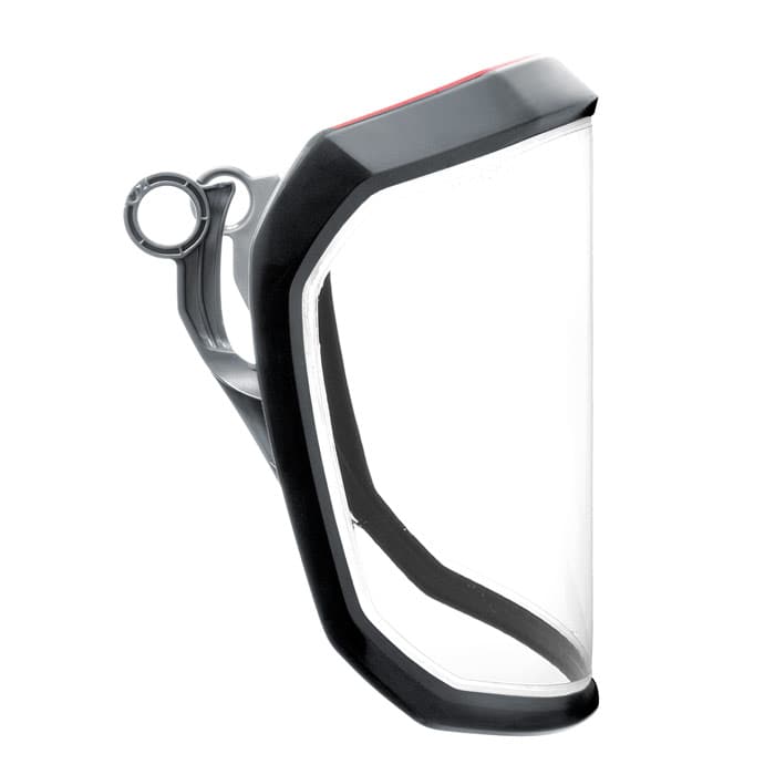 PROTOS® Visier Clear, durchsichtiges Visier mit schwarzem Rahmen und grauem Befestigungsmechanismus