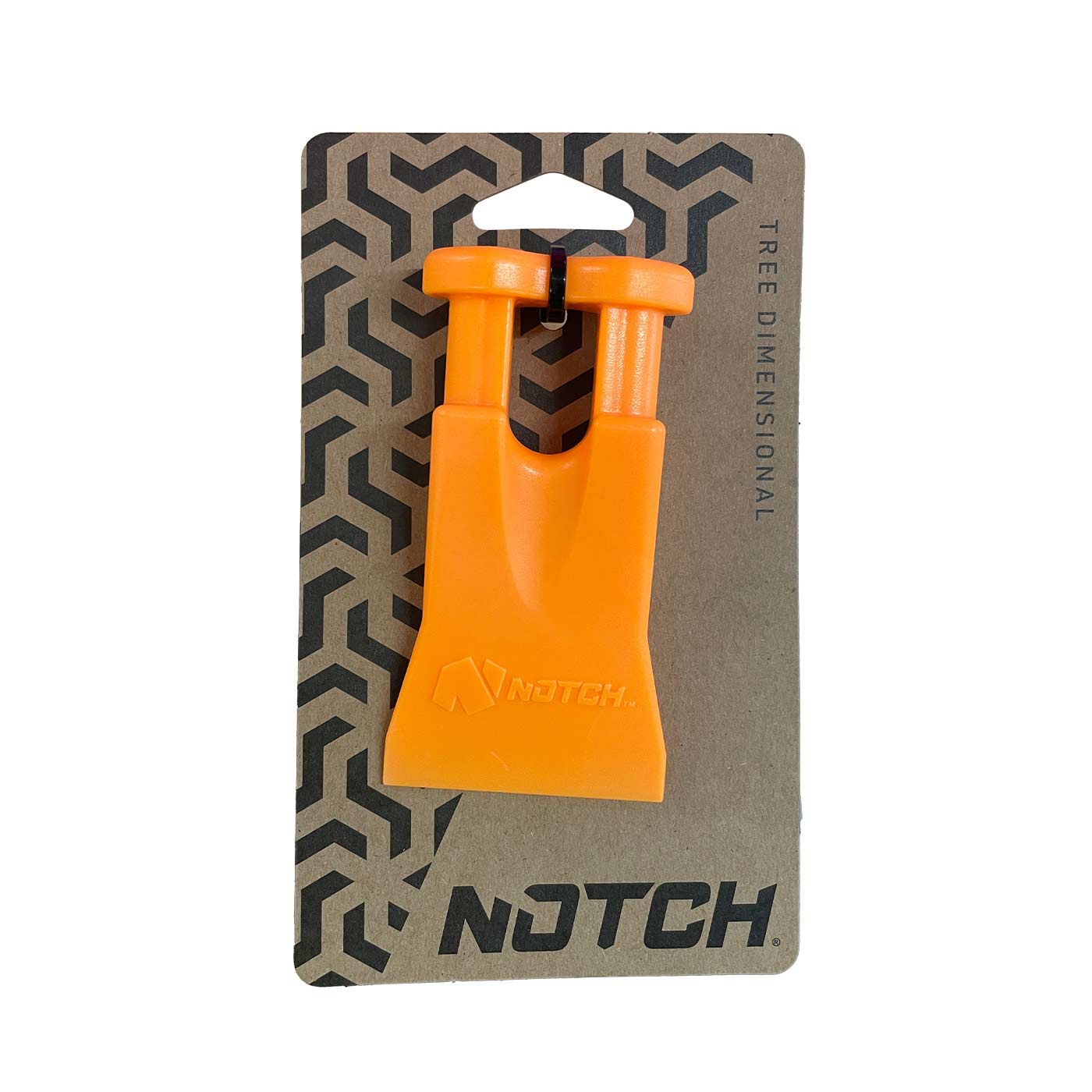 Climbers Best Friend Wedge von Notch, orangefarbener Kunststoffkeil auf braunem Karton mit schwarzem Notch-Logo und geometrischem Muster befestigt