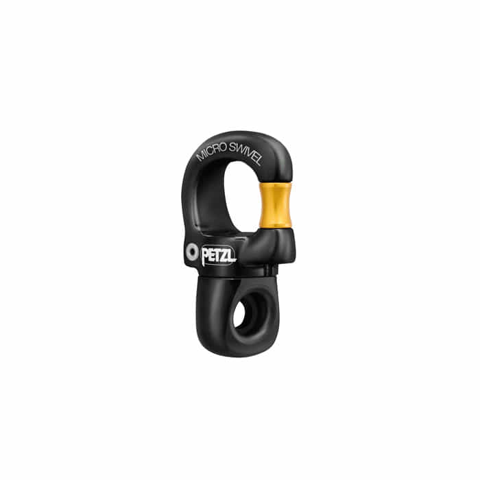 Micro Swivel von Petzl in Schwarz mit goldenem Drehgelenk und weißer Beschriftung, seitliche Ansicht