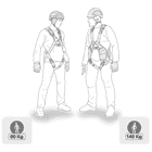 Zeichnung von zwei Personen mit Sicherheitsgurten und Helmen, darunter Symbole für 60 kg und 140 kg Körpergewicht