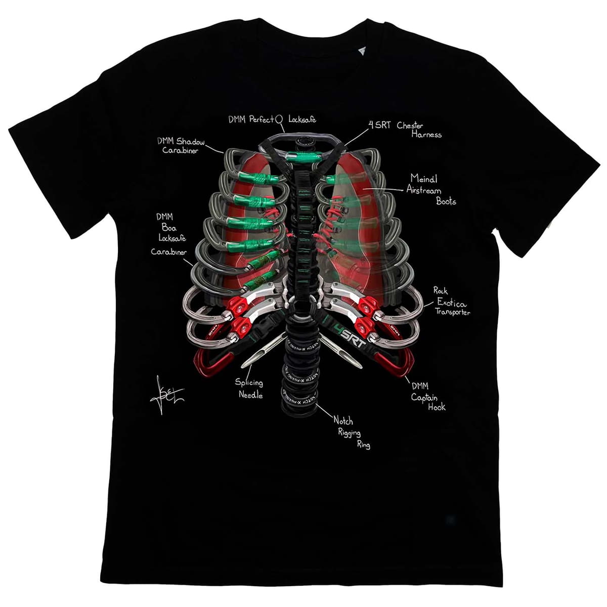 Schwarzes T-Shirt mit einem aufgedruckten Design, das ein Rippenkäfigmuster aus Kletterausrüstung zeigt, Produktname Arb Ribs