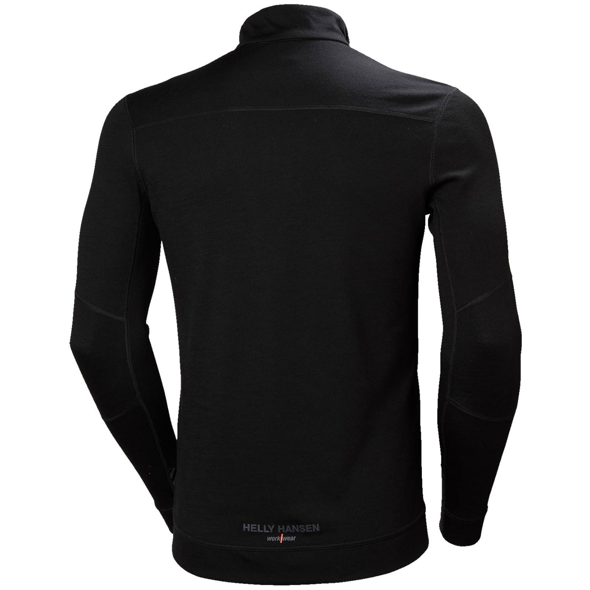 LIFA Merino Half Zip von Helly Hansen, Rückansicht des langärmligen Oberteils in Schwarz mit grauem Logo unten