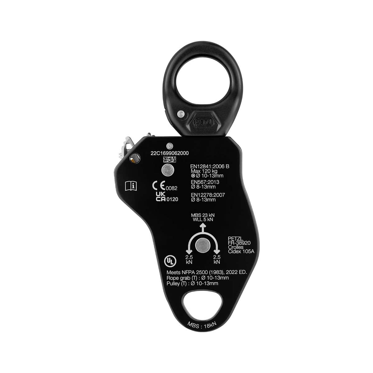 Rückseite der Petzl Pro Traxion Seilrolle in Schwarz mit technischen Angaben und Prüfzeichen in Weiß