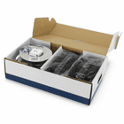 Geöffnete Husqvarna Automower Installations-Kit L Verpackung mit sichtbar aufgewickeltem Draht und mehreren verpackten Komponenten im Karton innen