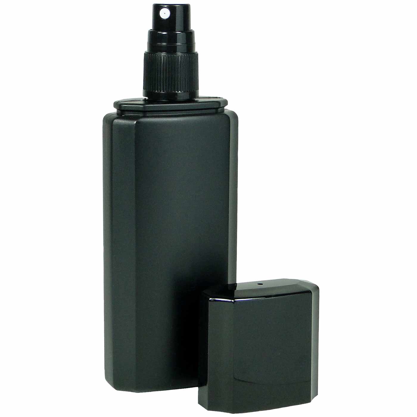 KP Extra Forte Sprayflasche schwarz mit abgenommenem Deckel und weißem Sprühkopf, Rückseite ohne Aufdruck