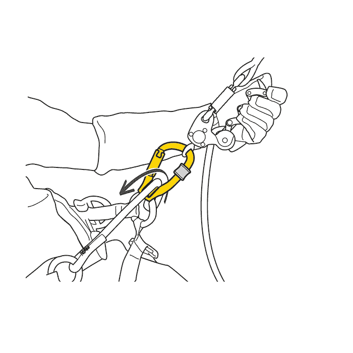 Schwarz-weiße Zeichnung einer Hand mit Kletterausrüstung, die einen gelben Rollclip Z Triact-Lock Karabiner an einem Seil befestigt