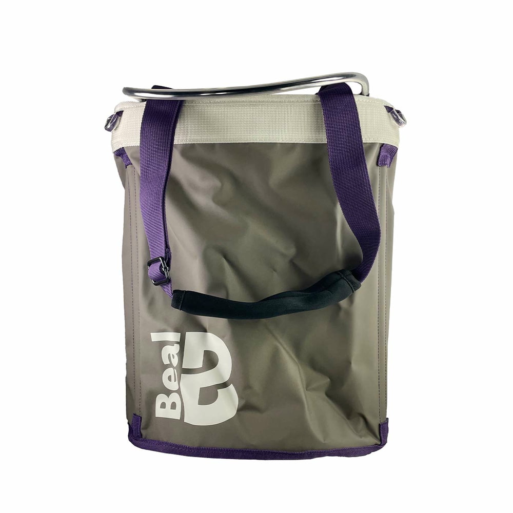 Genius Tool Bucket 2, graue Tasche mit lila Trägern und weißem Rand, auf der Vorderseite das Logo "Beal" in Weiß