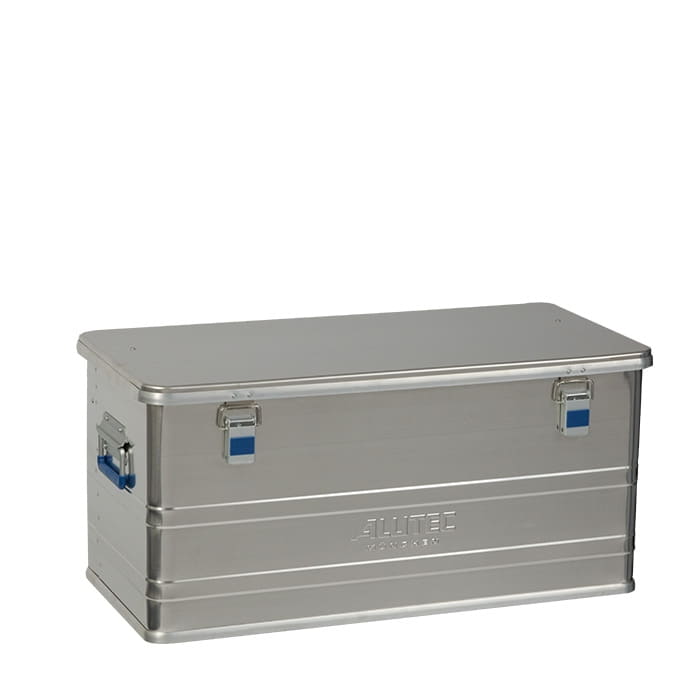 Alubox Comfort 92, geschlossene silberne Aluminiumbox mit blauen Griffen und Verschlüssen, Hersteller ALUTEC