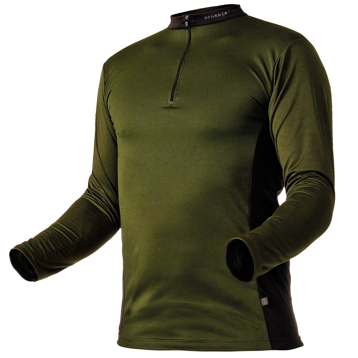 Zipp-Neck Shirt von Pfanner in Olivgrün und Schwarz mit langem Arm und kurzem Reißverschluss vorne