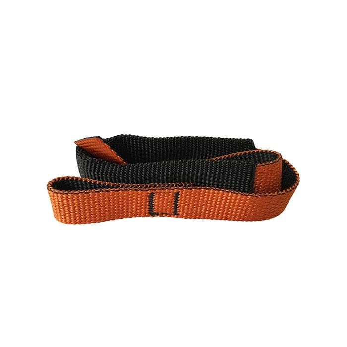 Quick Step Strap unten, ein gefalteter Gurt aus orange-schwarzem Material