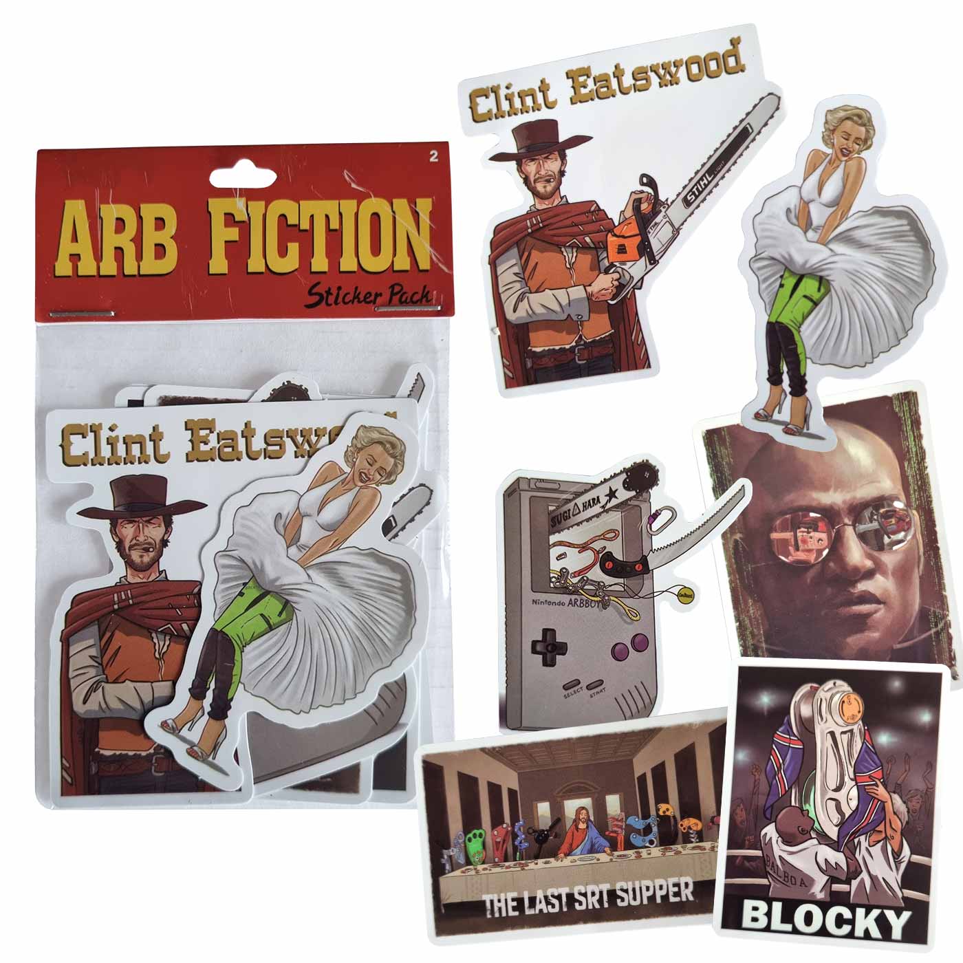 Stickerpack ARB Fiction Pack Vol. 2 mit mehreren Aufklebern, darunter eine Figur mit Hut und Kettensäge, eine Frau mit weißem Kleid und grünen Hosen, ein Gameboy-ähnliches Gerät mit Kettensäge, ein Porträt eines Mannes mit Sonnenbrille, ein Aufkleber mit 