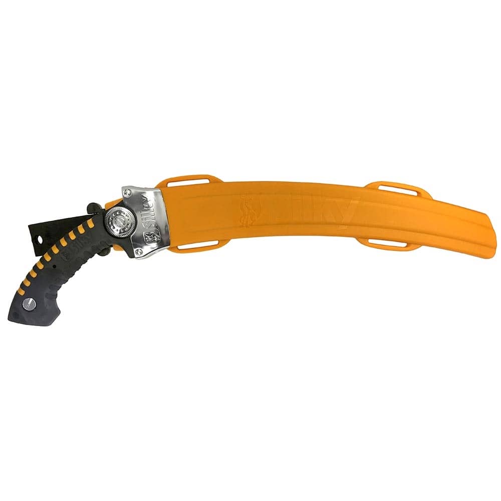 Silky Sugoi 360-6.5-5.5 Handsäge in orangefarbener Schutzhülle mit schwarzem Griff und silbernem Metallverschluss