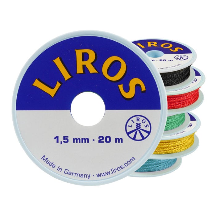 Takelgarn 1.5 Color von Liros, fünf Spulen mit Garn in den Farben schwarz, rot, grün, gelb und blau, jede Spule 1,5 mm dick und 20 m lang, Verpackung zeigt den Markennamen Liros auf blau-weißem Hintergrund