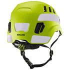 Tectum Air Hi-Viz Kletterhelm von Edelrid in leuchtgelb mit weißen Reflektoren und schwarzem Kinnriemen, Rückansicht mit verstellbarem Rädchen