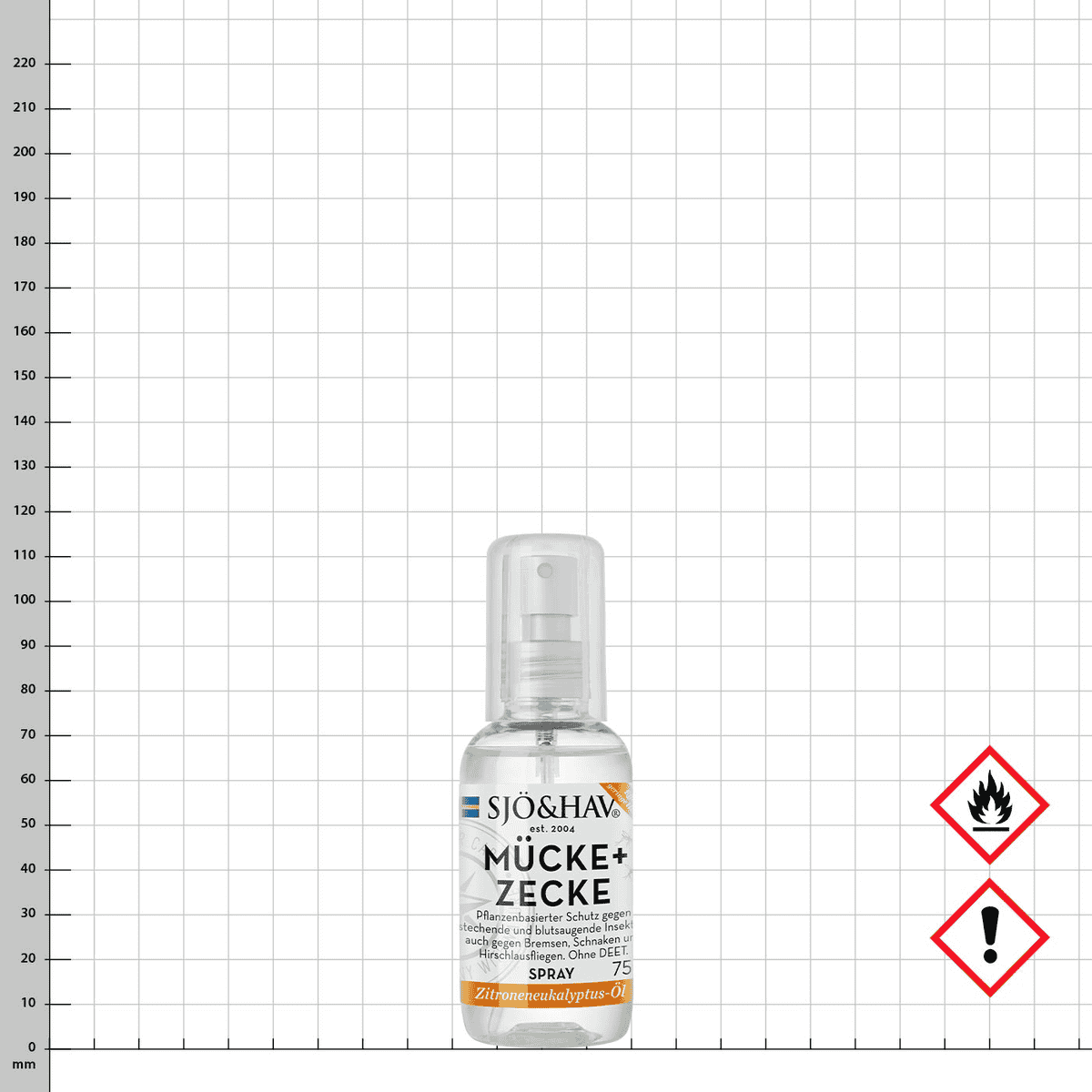 SJÖ&HAV Mücke+Zecke Spray mit transparentem Sprühkopf und weißem Etikett, orangefarbenes Feld mit Aufschrift Zitroneneukalyptus-Öl, daneben zwei Gefahrensymbole, eines mit Flamme und eines mit Ausrufezeichen