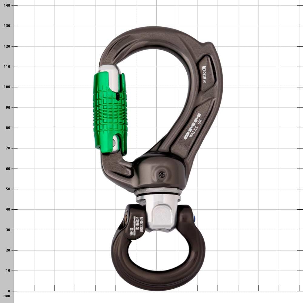 Director Swivel Boss Bow Karabiner mit grünem Verschluss und schwarzem Drehgelenk, Titel sichtbar