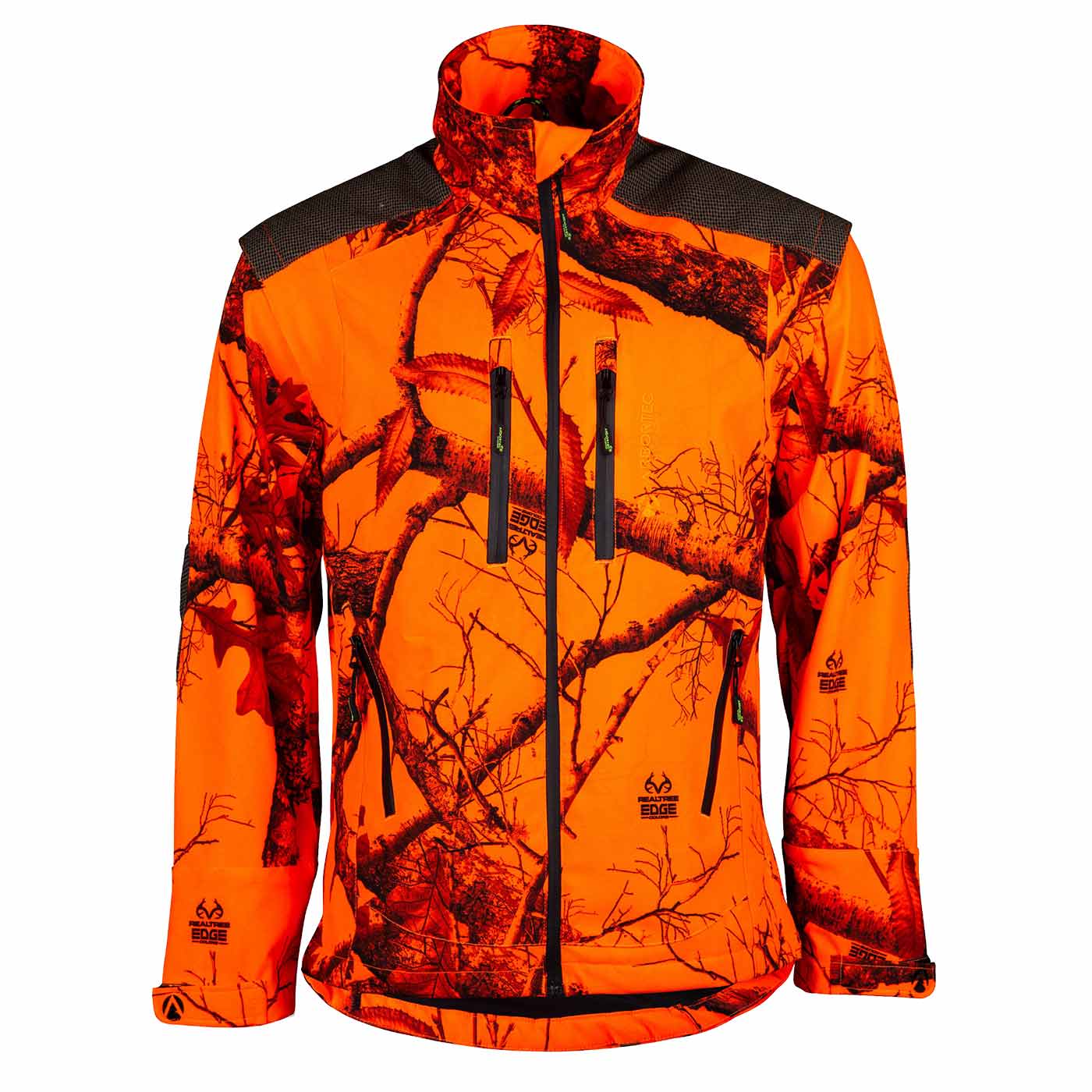 Breatheflex Pro Jacket Realtree orange Jacke mit schwarzem Reißverschluss und Realtree-Muster, mit zwei Brusttaschen und einer Seitentasche, Vorderansicht, Hersteller nicht sichtbar