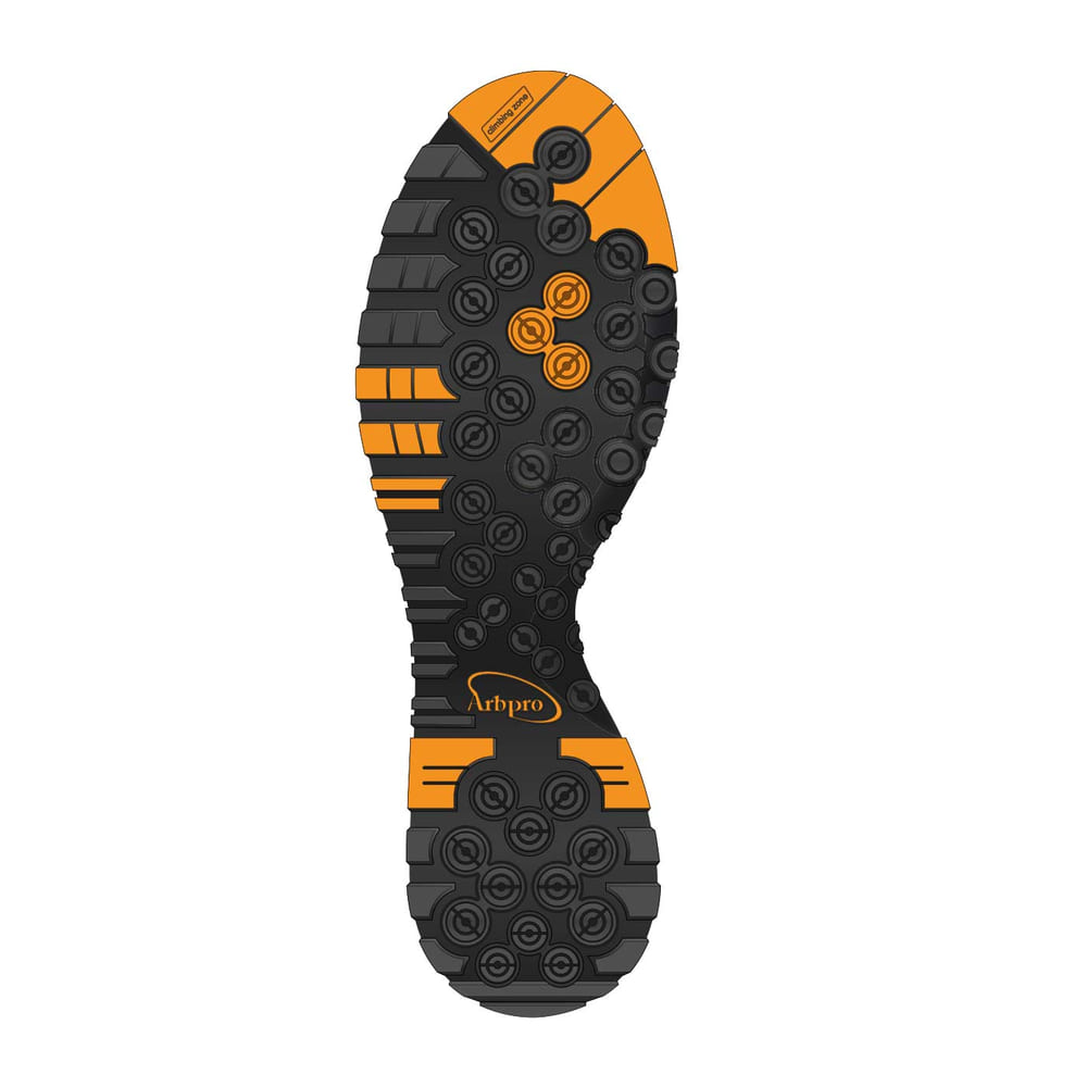 Profilsohle in Schwarz und Orange mit Arbpro-Logo und vielen runden Noppen
